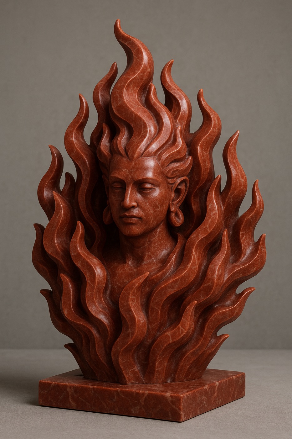 A face wreathed in carved flame, in red marble