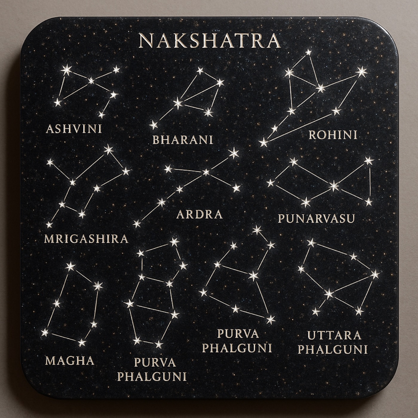 Nakshatra, the lunar mansions etched into a panel of galaxy-black granite