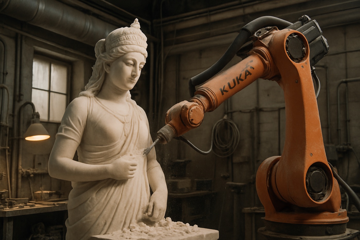 A KUKA robot arm carving a figure in white marble