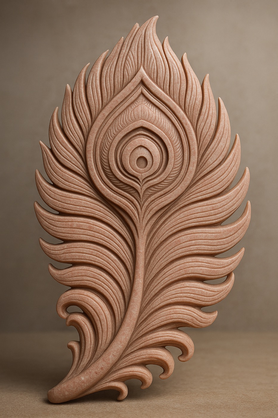 A peacock feather carved as a standing relief in pink sandstone