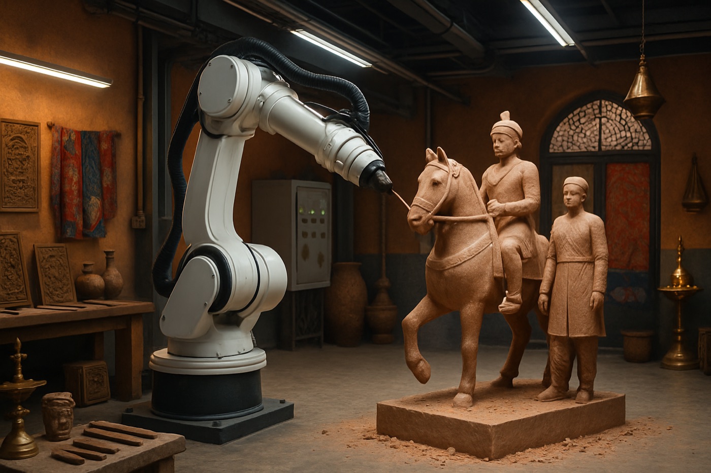 A robotic arm roughing an equestrian figure in sandstone
