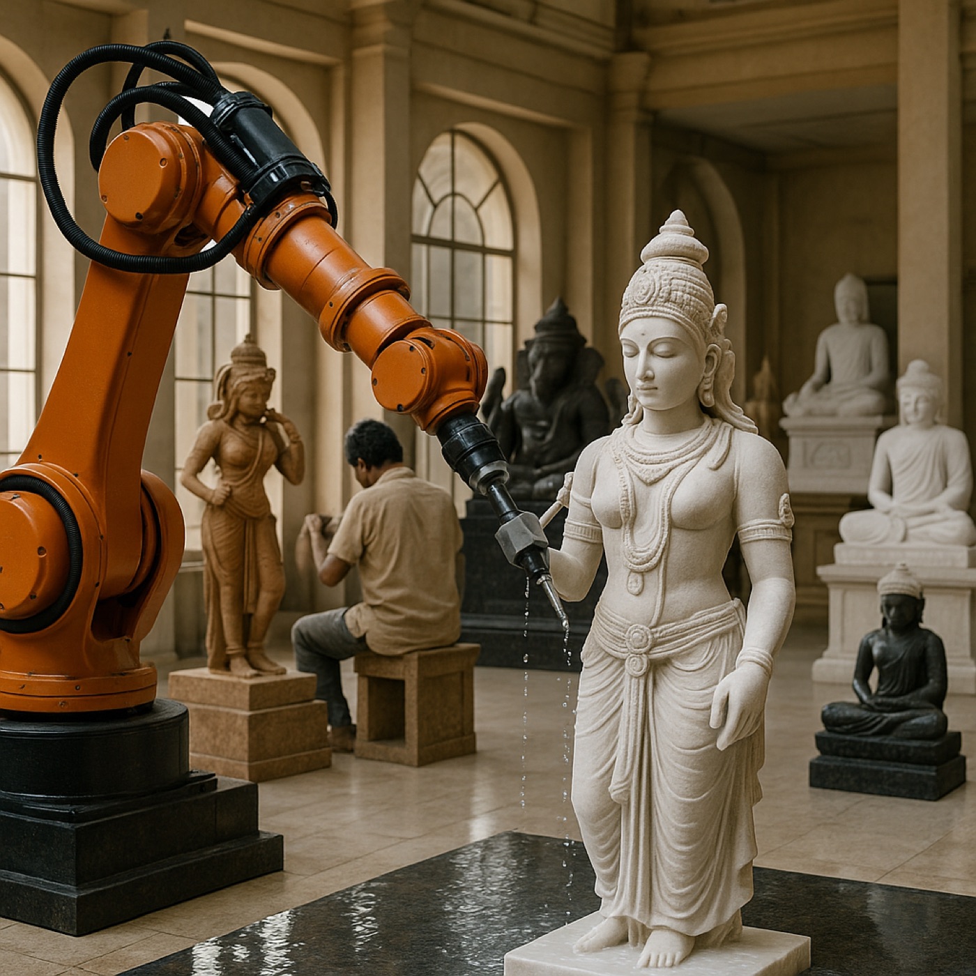 A robot and a person working stone side by side